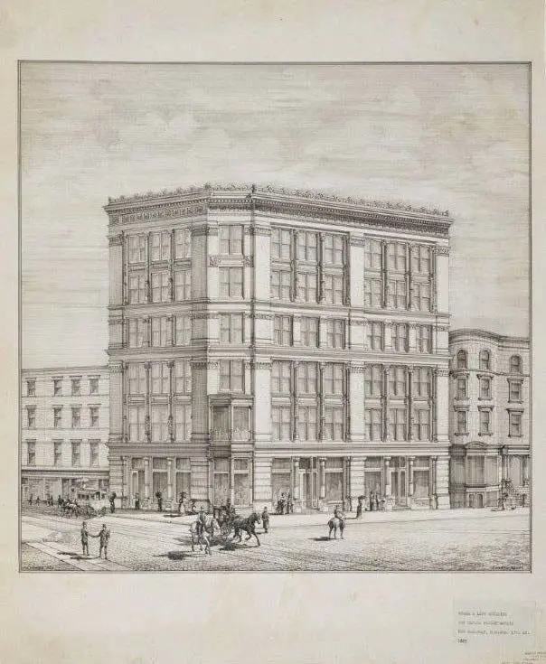 Historic architectural drawing of a city building.