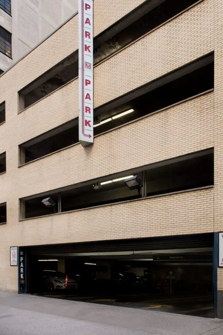 Multi-level parking garage exterior view.